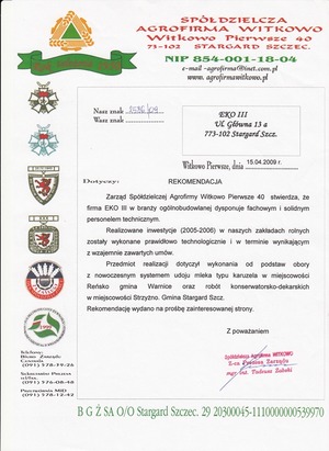 Dokument z referencją od Spółdzielczej Agrofirmy Witkowo.